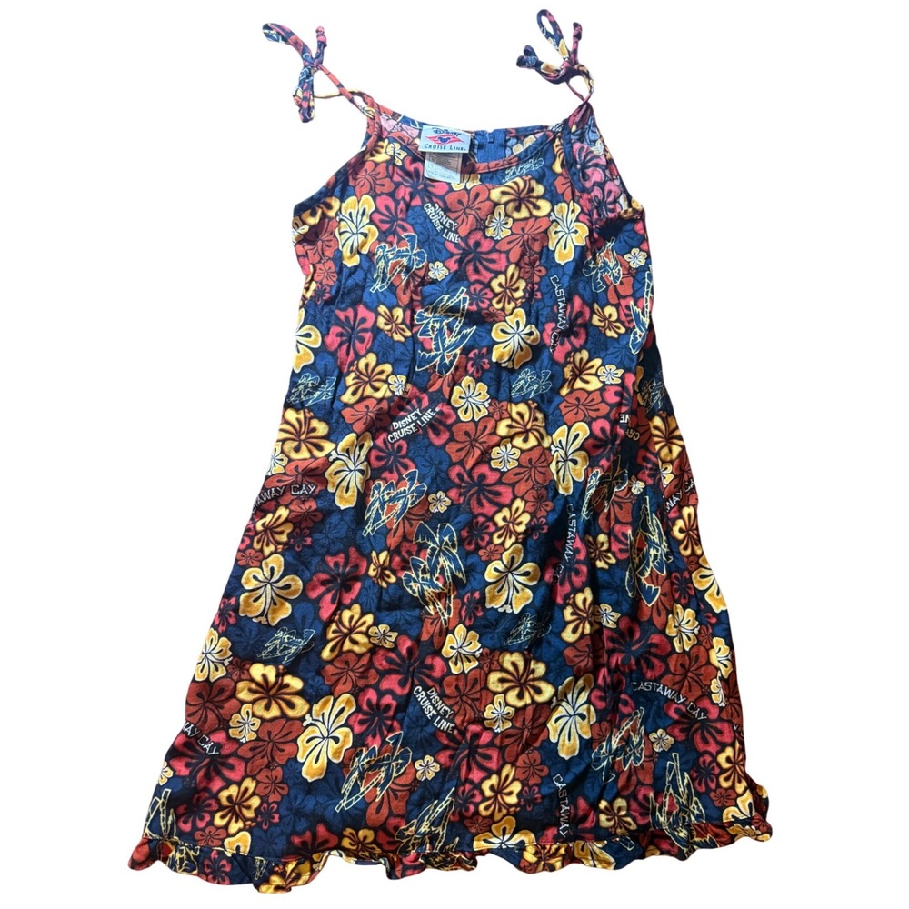 Disney Cruise Line Girls Tropical Floral Castaway Cay Slip On  Dress Blue Red L